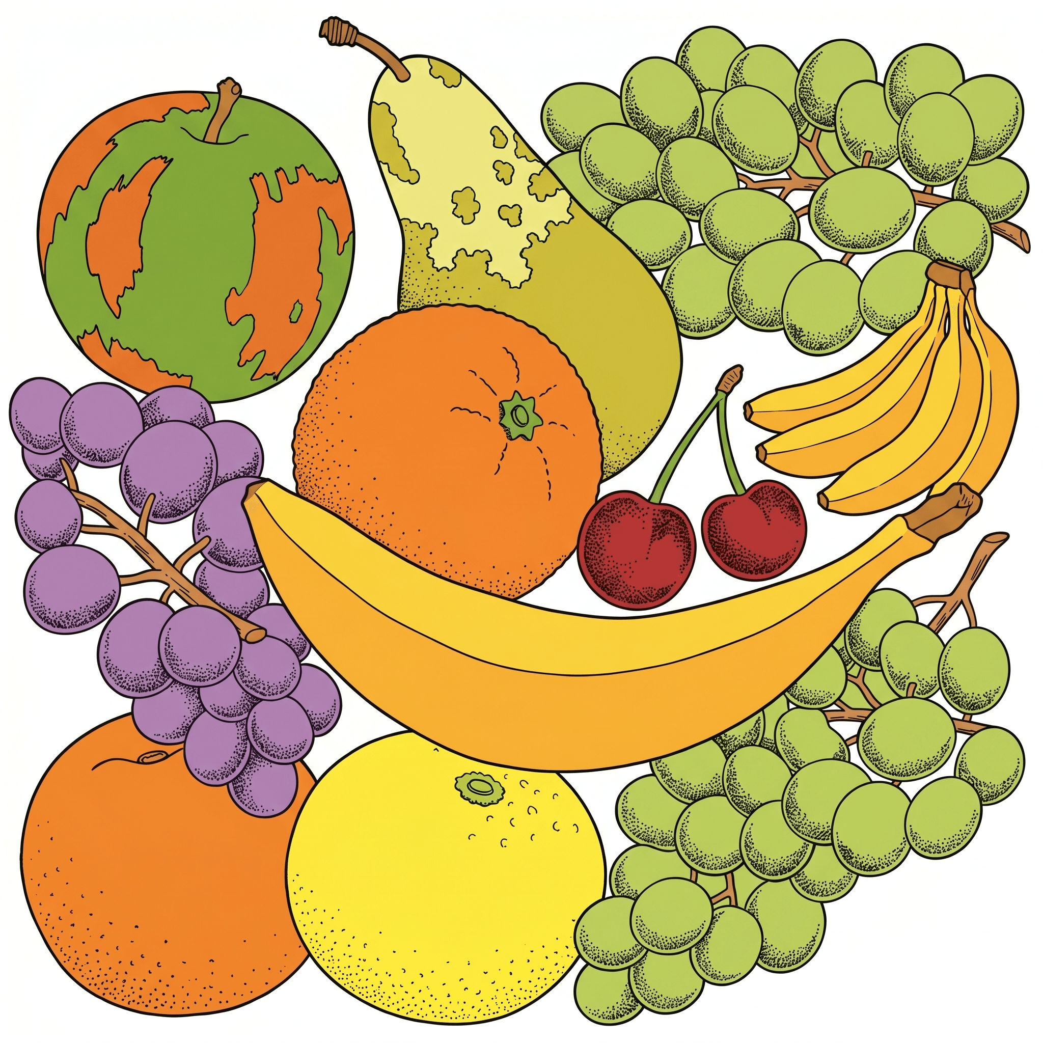 A hand-drawn vector illustration of a mix of fruits, including a banana, an orange, a bunch of grapes, and a cherry, with dot shading.