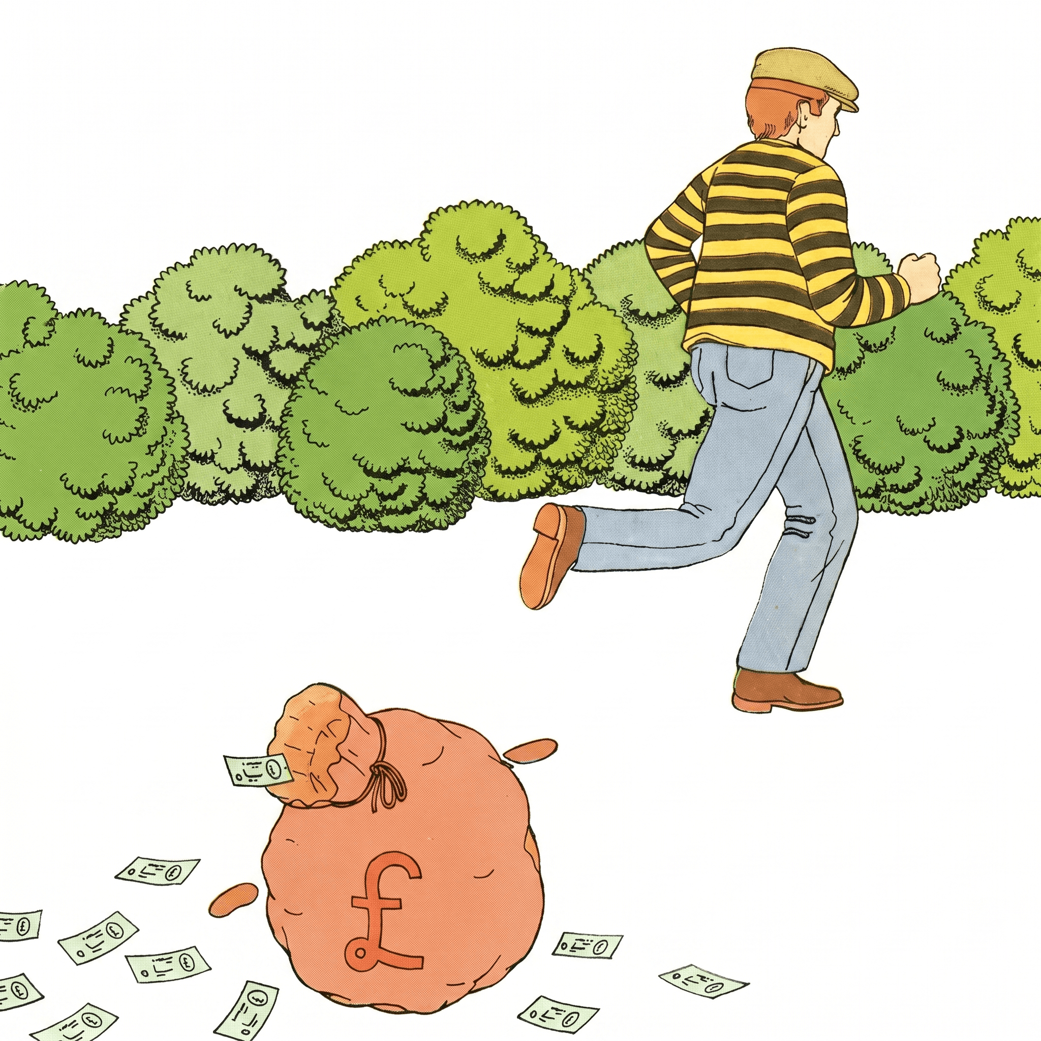 A comic-style illustration of a robber in a striped shirt running past green bushes, leaving behind a sack of money and scattered banknotes.