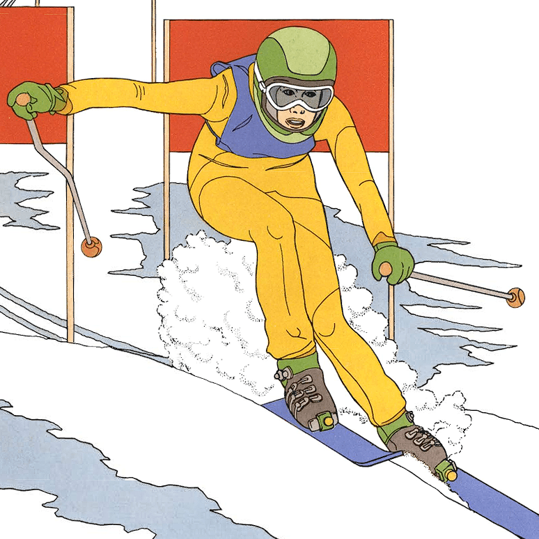 An illustration of a downhill skier in a yellow racing suit, green helmet, and goggles, kicking up snow as they pass through a red slalom gate.