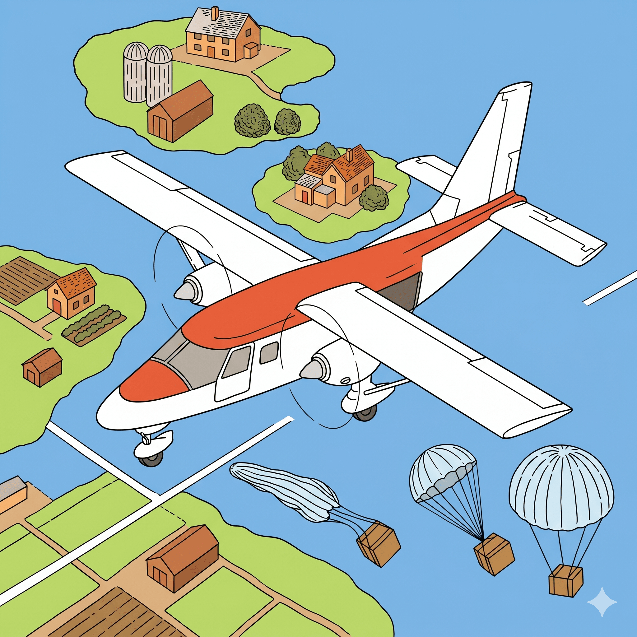 A vintage comic-style illustration of a twin-engine plane with a red top, flying over green islands and dropping cargo crates via parachutes into the blue water below.